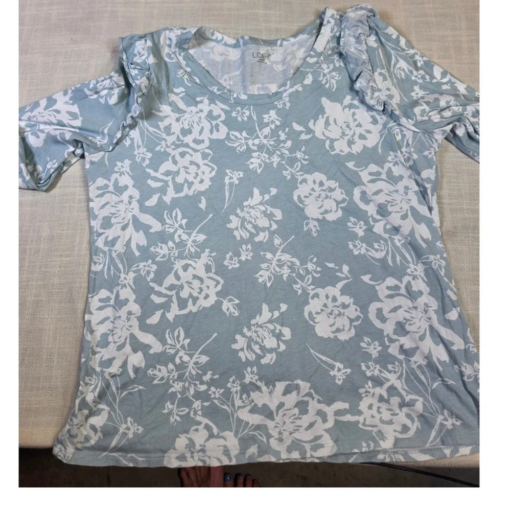 Loft Outlet Blue Floral Ruffle Shoulder Long Sleeve Top Large